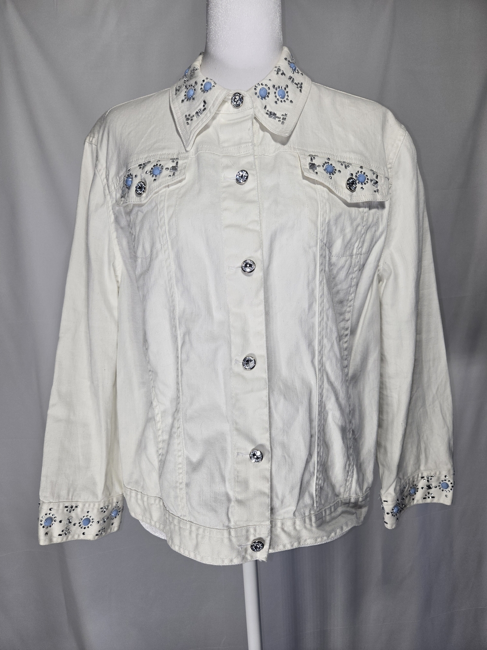 Ruby Rd. White Denim Jacket w/ Rhinestones & Cornflower Blue Beads